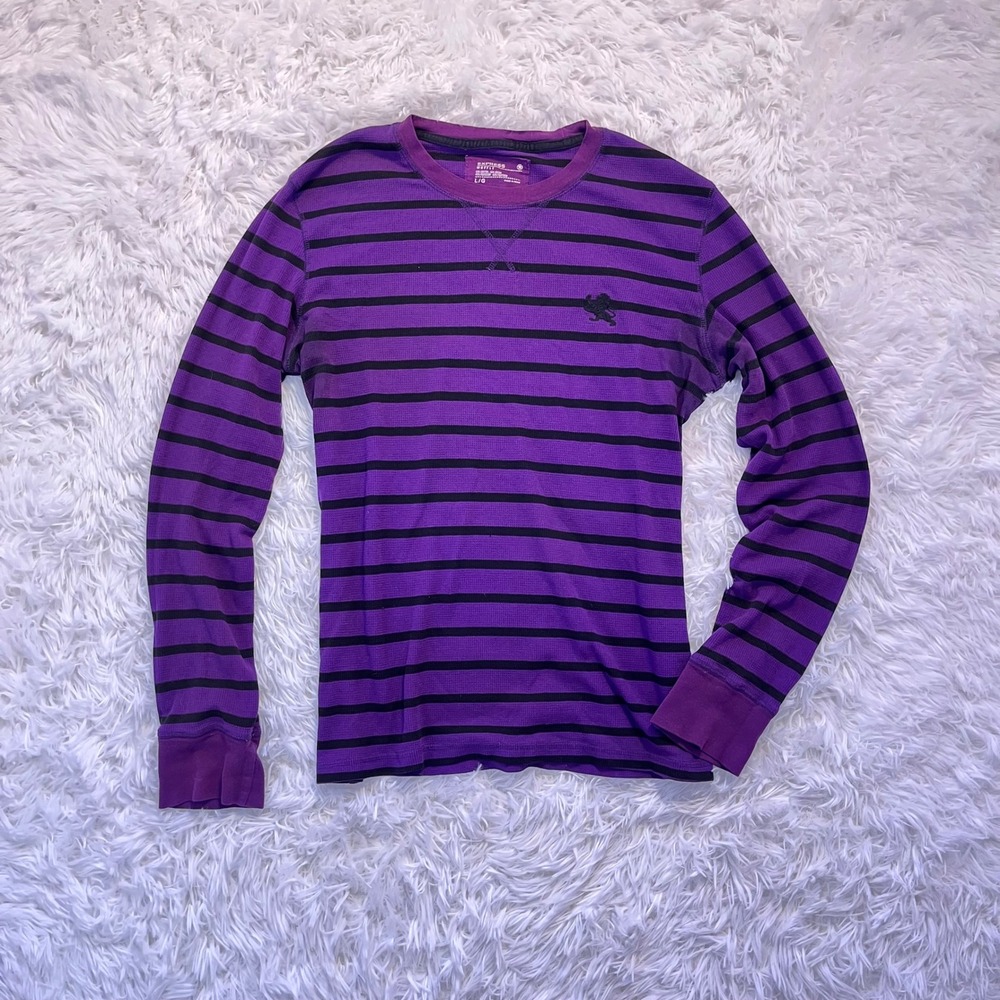 🍟y2k women's purple striped waffle knit thermal long sleeve large